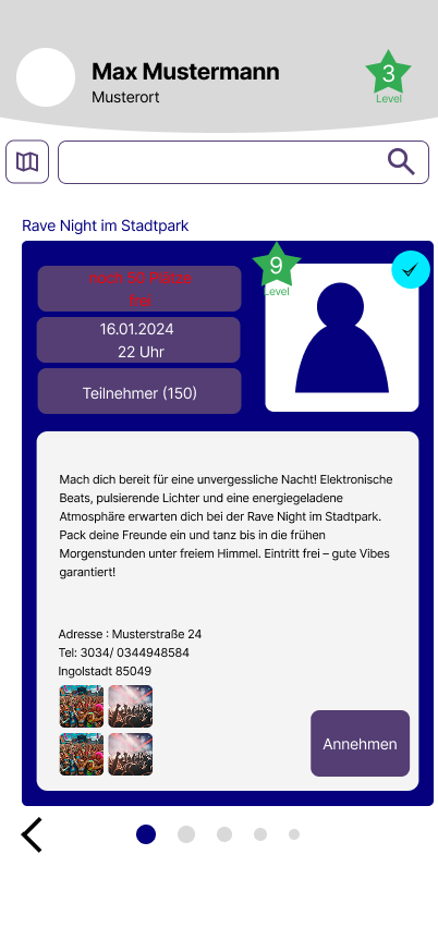 Early Kiwi wireframe for the Rave Night im Stadtpark event, combining profile progress, an attendee avatar, date, capacity, address, description, photos, and an accept button in one card.